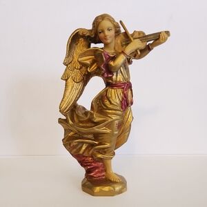 Vintage Gold and Pink Angel Figurine Playing Violin Marked Italy